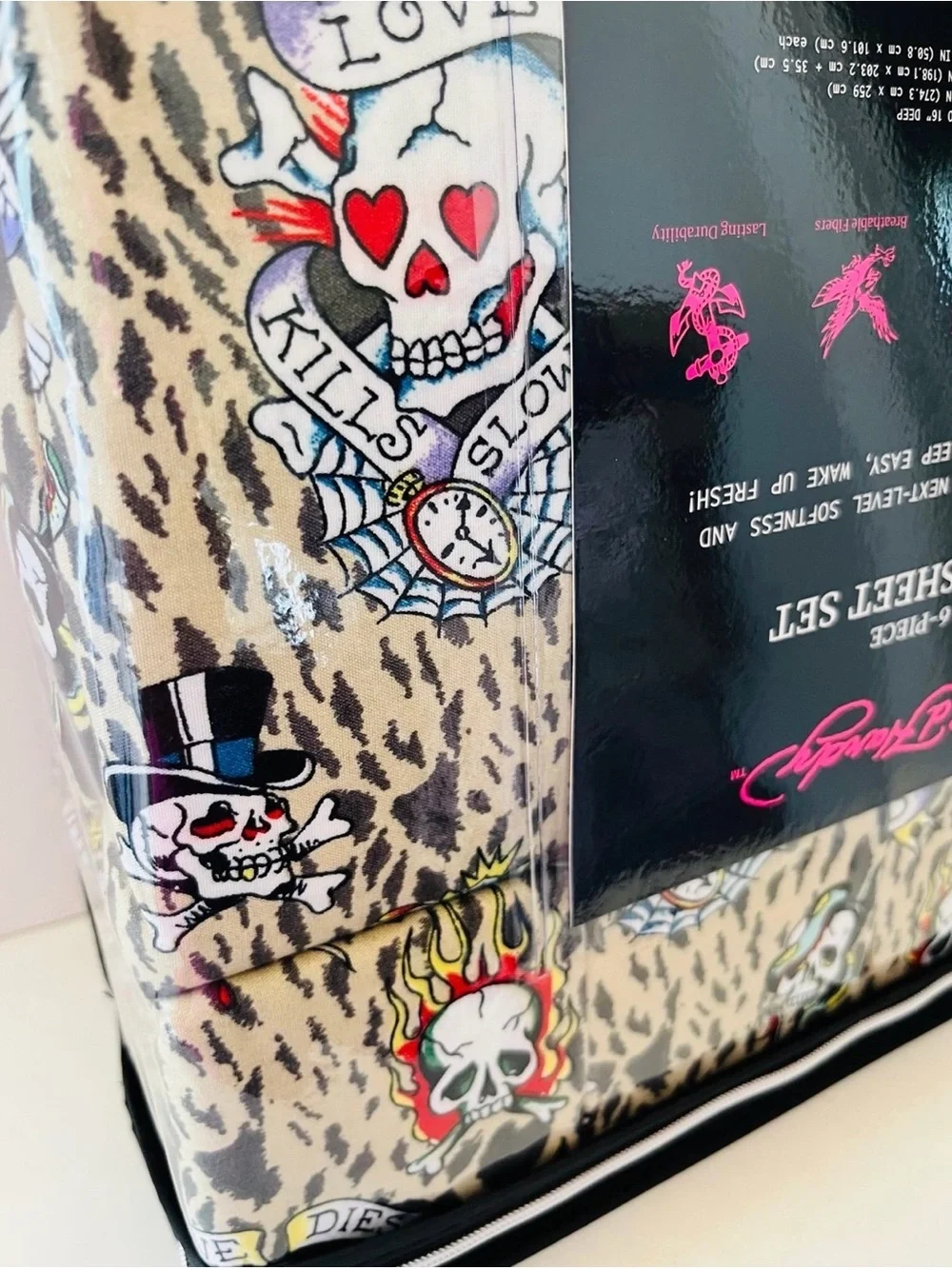 Ed Hardy 6 Piece King Size Sheet Set Love Kills Slowly Leopard Print Skulls